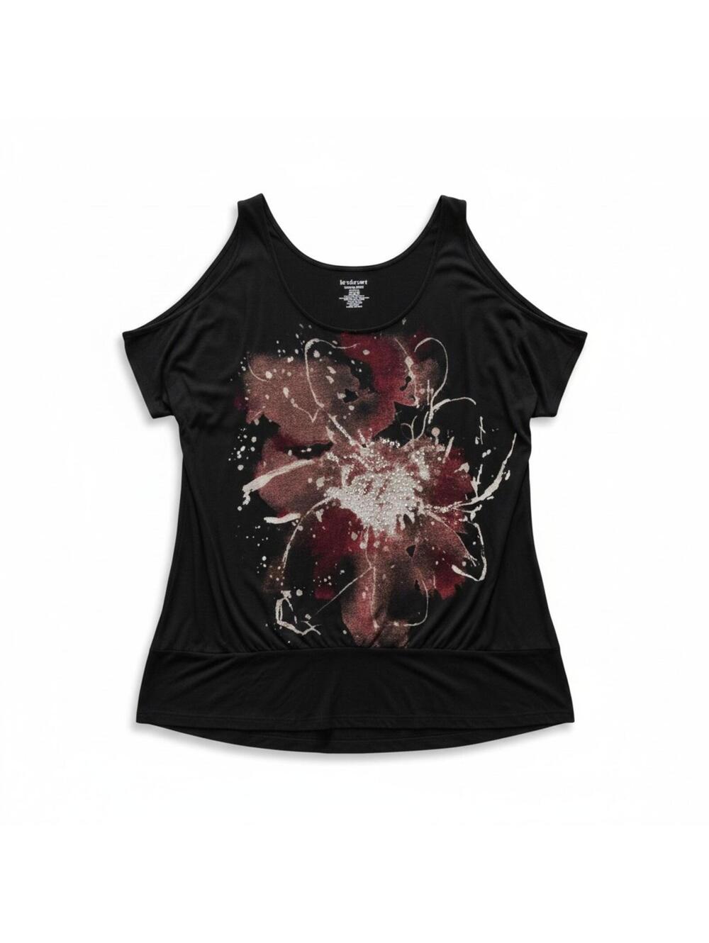 Lane Bryant Black Cold Shoulder Rayon Top with Floral Print and Rhinestones - Picture 2 of 4